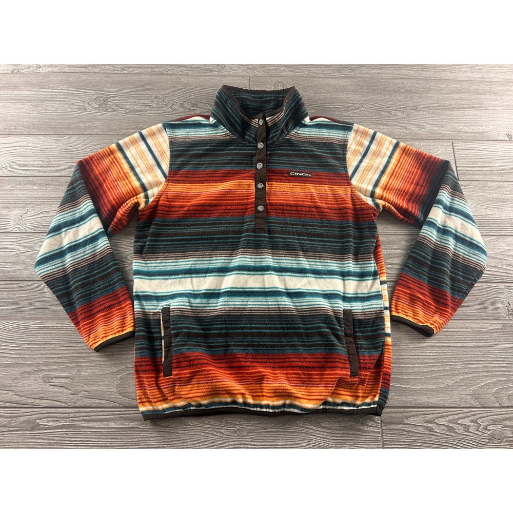 Cinch Mens Large Fleece Pullover Multi Color Striped Snap Mock Neck Serape 321